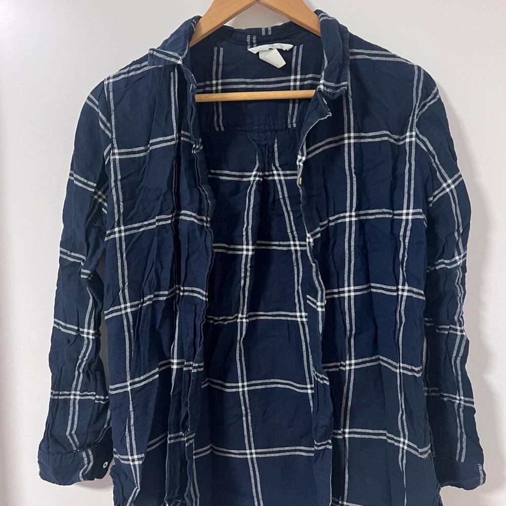Navy Blue Plaid Button-Up Shirt